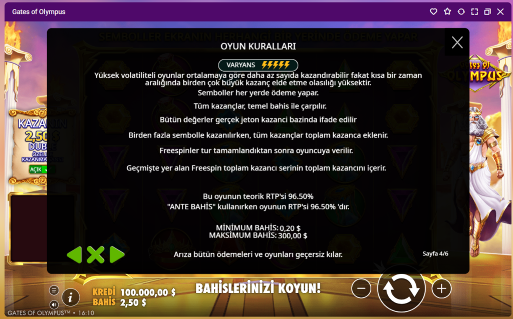 Slot bilgi ekranında RTP ve yüksek volatilite göstergesi